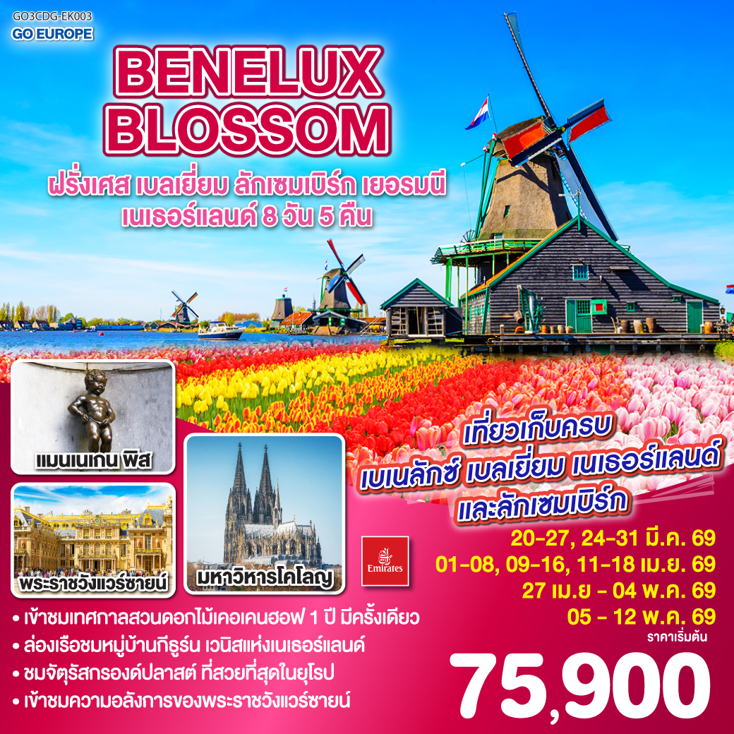 ทัวร์เบลเยี่ยม BENELUX BLOSSOM ฝรั่งเศส เบลเยี่ยม ลักเซมเบิร์ก เยอรมนี เนเธอร์แลนด์ 8วัน 5คืน  (EK)